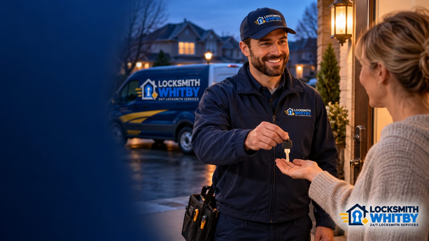 Whitby emergency locksmith letting a customer back into their home at night beside the service van