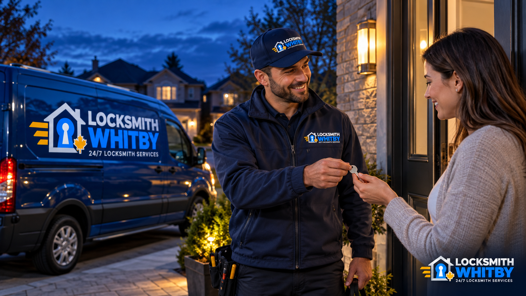 Locksmith Whitby technician handing house keys to a customer at a front door