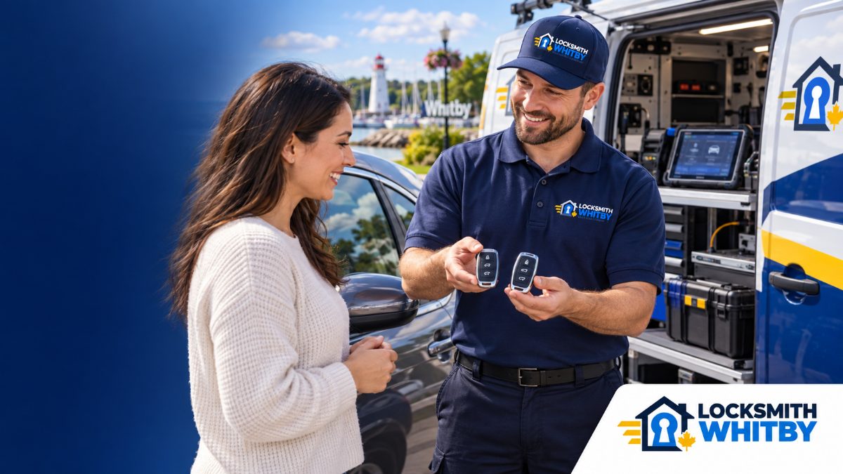 Locksmith showing a newly programmed car key fob to a customer at the mobile van