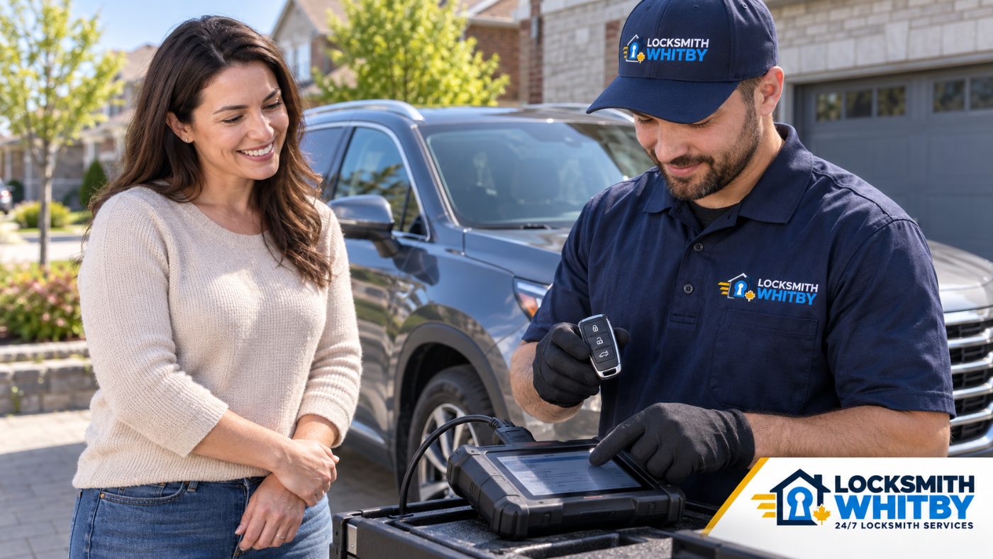 Automotive locksmith in Whitby programming a car key fob with a diagnostic tool beside an SUV