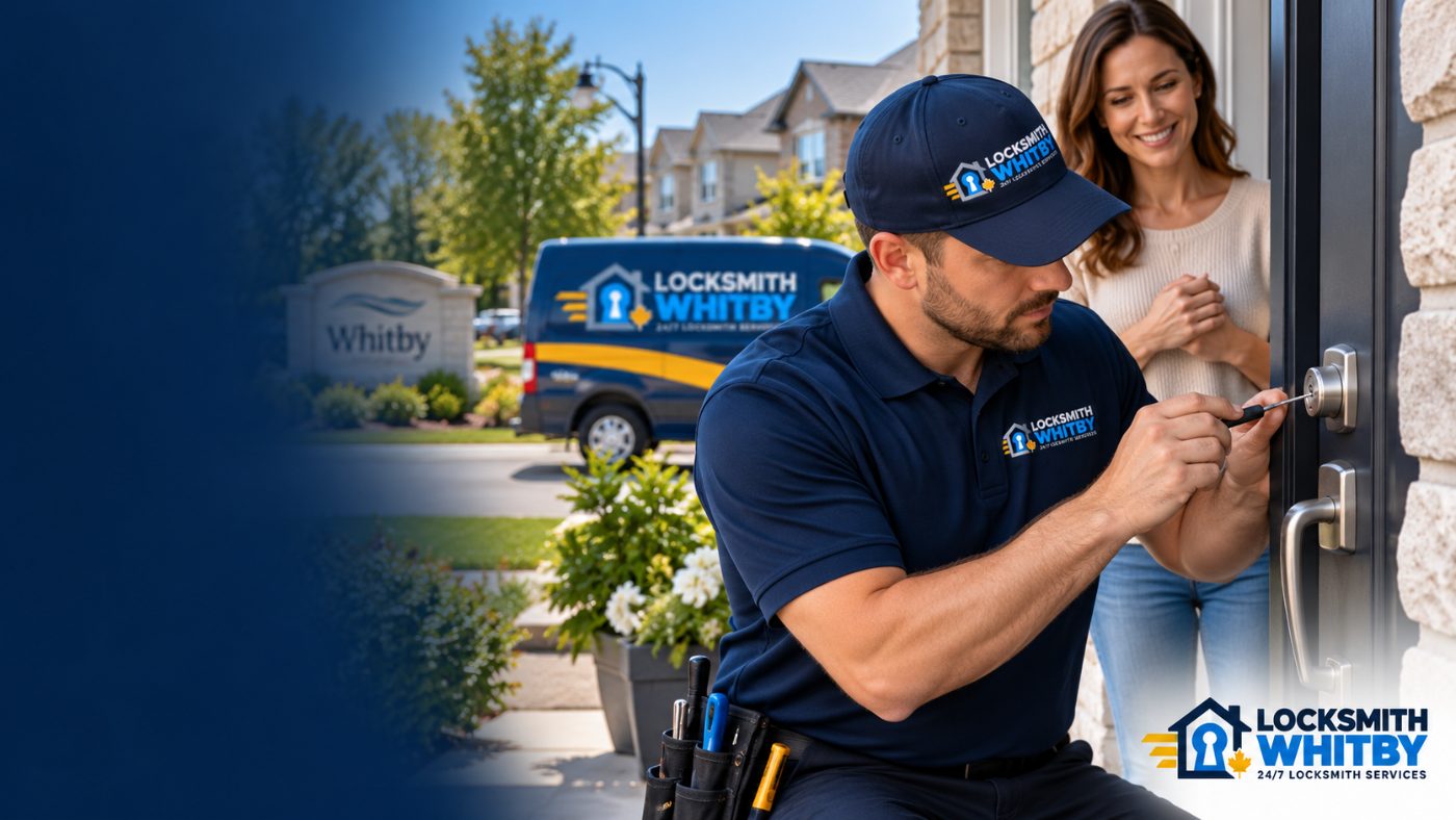 Whitby locksmith handing a set of newly cut house keys to a homeowner outside their home