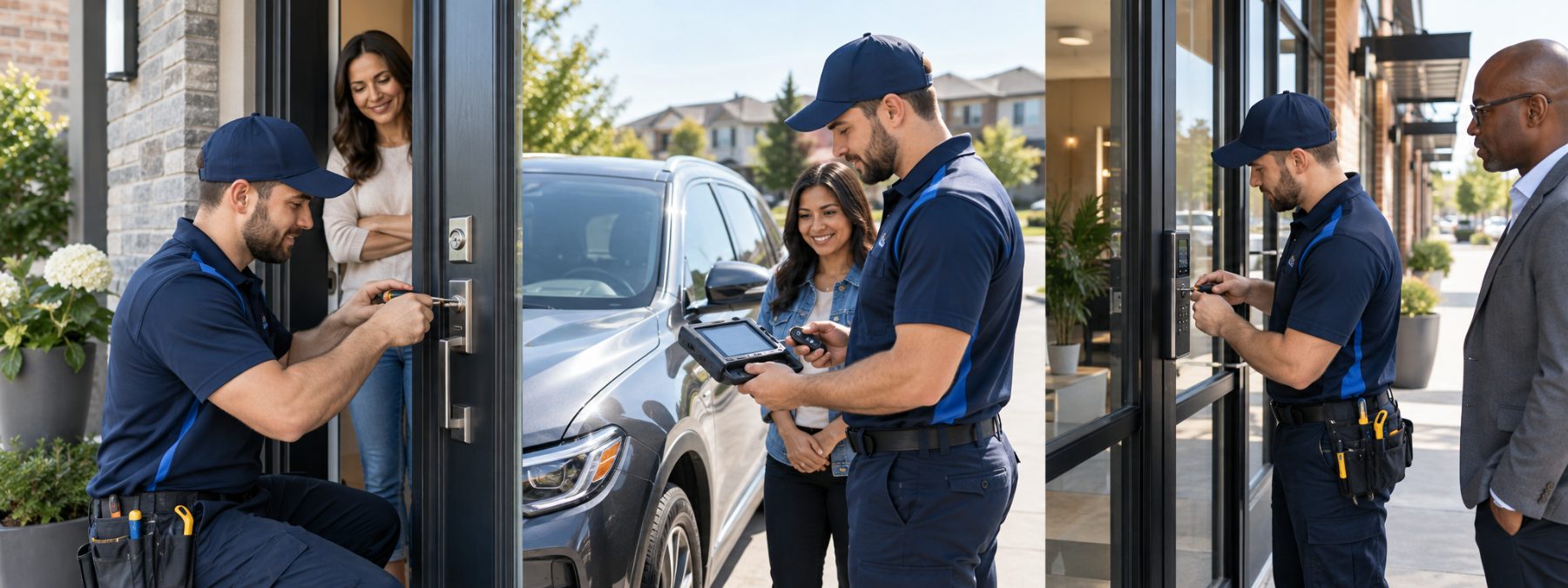 Three Locksmith Whitby technicians working on a house door, a car key and a commercial storefront lock