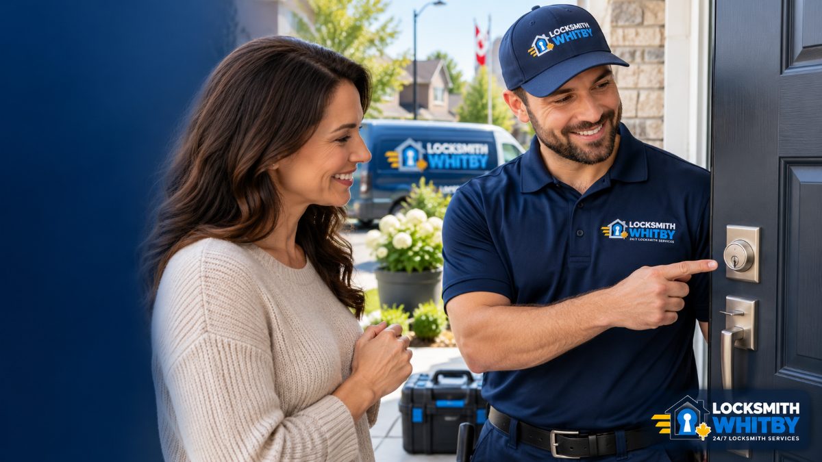 Locksmith handing a new key to a homeowner after rekeying the locks on a Whitby home