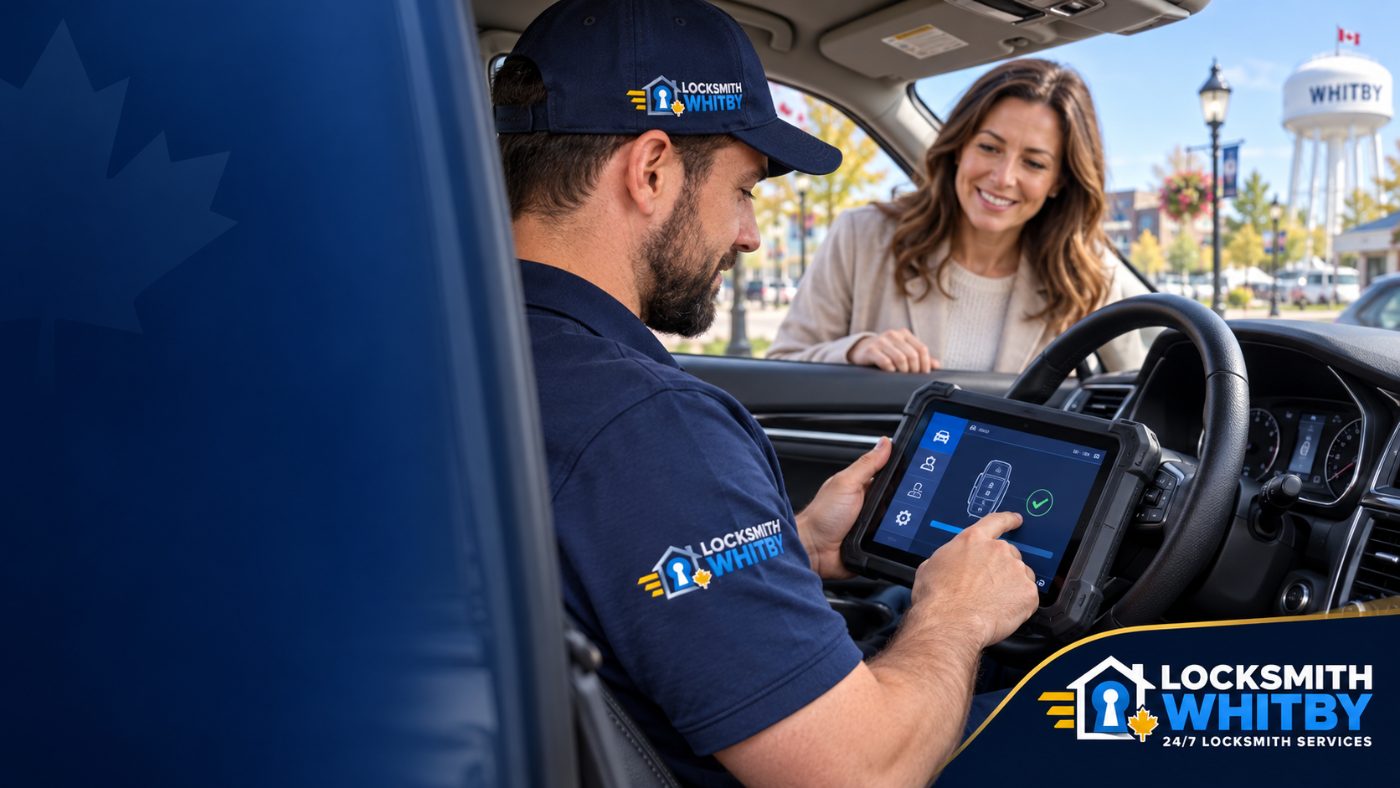 Locksmith programming a transponder key inside a customer vehicle in Whitby using a diagnostic tablet